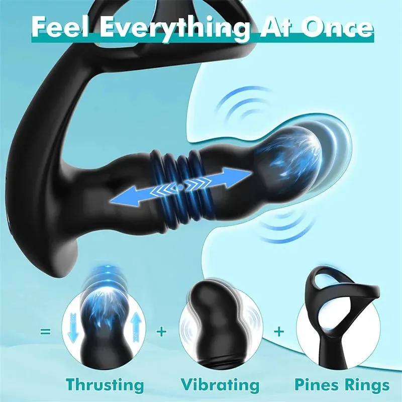 Remote Control Thrusting Dildo Prostate Massager- Cock Ring Delay Ejaculation Male Sex Toy