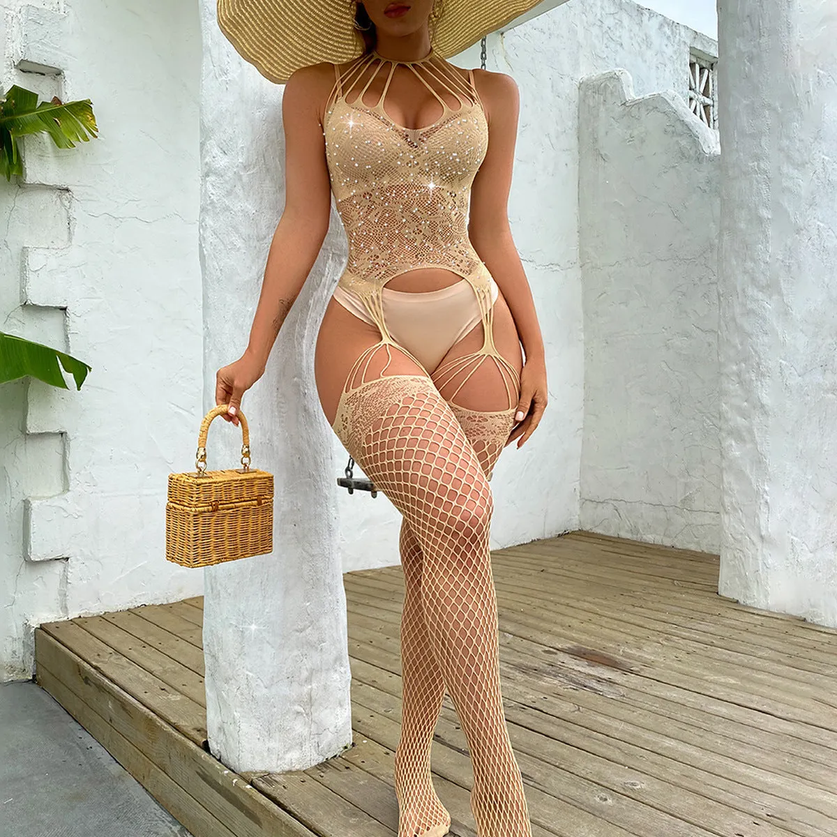 Sexy Rhinestone-Embellished Halter Neck Bodysuit with Floral Jacquard. Hollow-Out & Open-Crotch Design – Sheer Mesh Teddy
