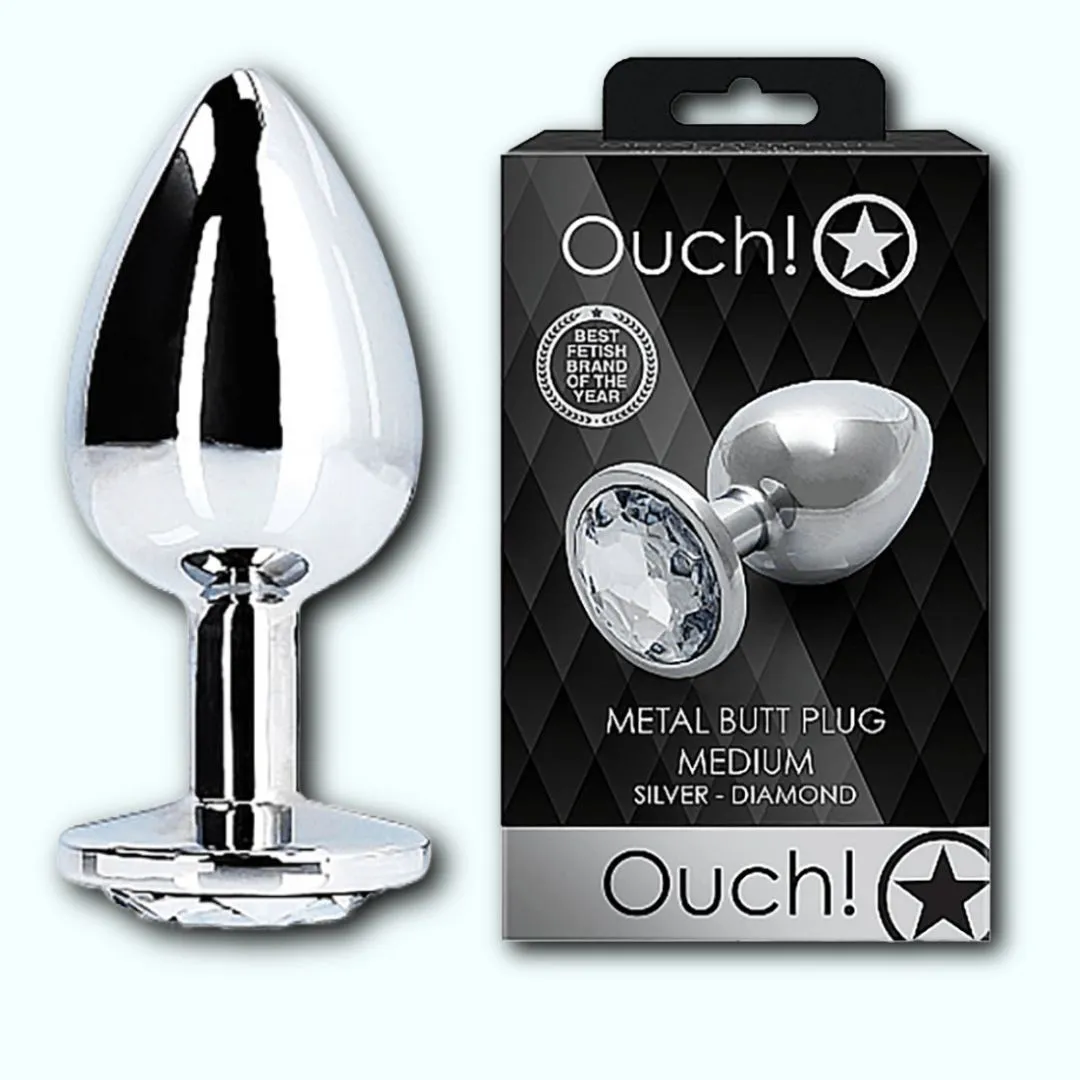 Shots Ouch! Round Gem Butt Plug Medium - Silver/Diamond
