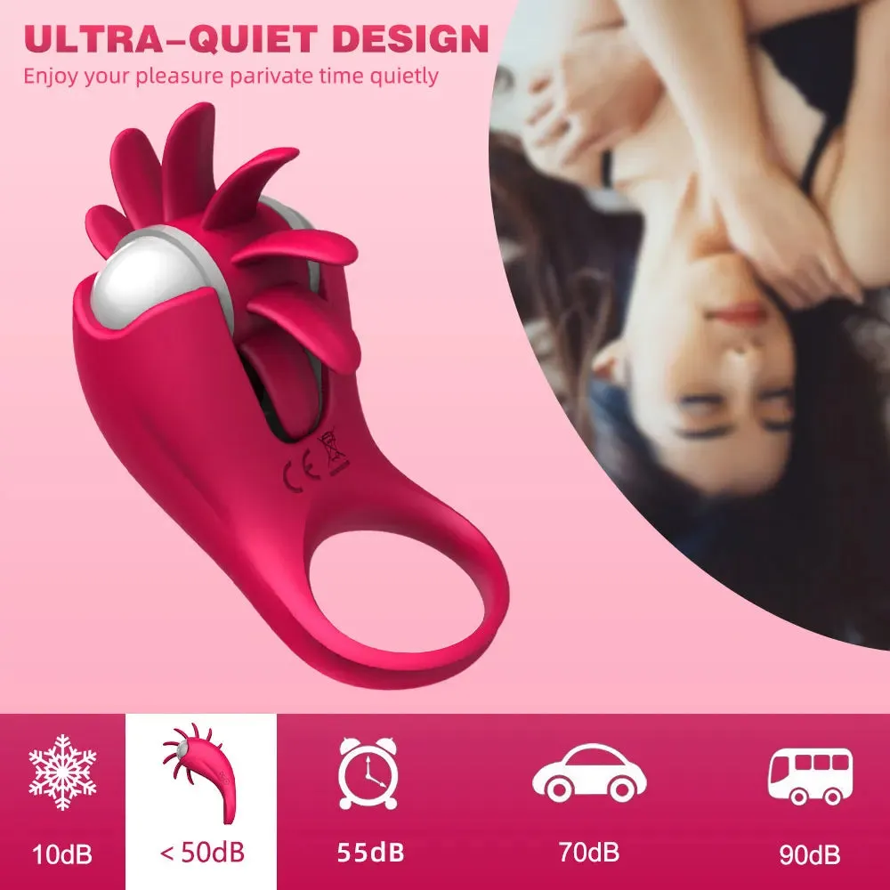 Vibrating Cock Ring Tongue Licking Clit Stimulator - 10 Modes Delayed Ejaculation Enhanced Pleasure