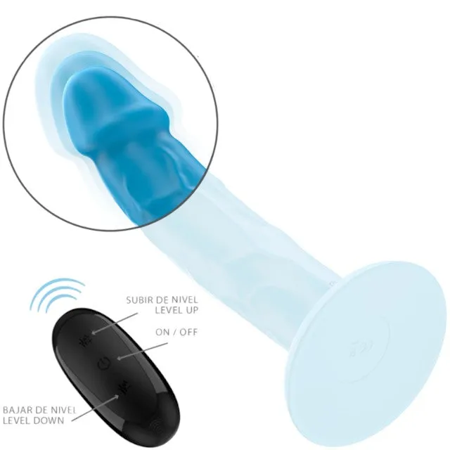 Vibrator realistic INTENSE PHOEBE. control prin telecomandă. 10 funcții de vibrație. bază cu ventuză pentru fixare. albastru