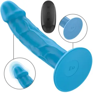 Vibrator realistic INTENSE PHOEBE. control prin telecomandă. 10 funcții de vibrație. bază cu ventuză pentru fixare. albastru