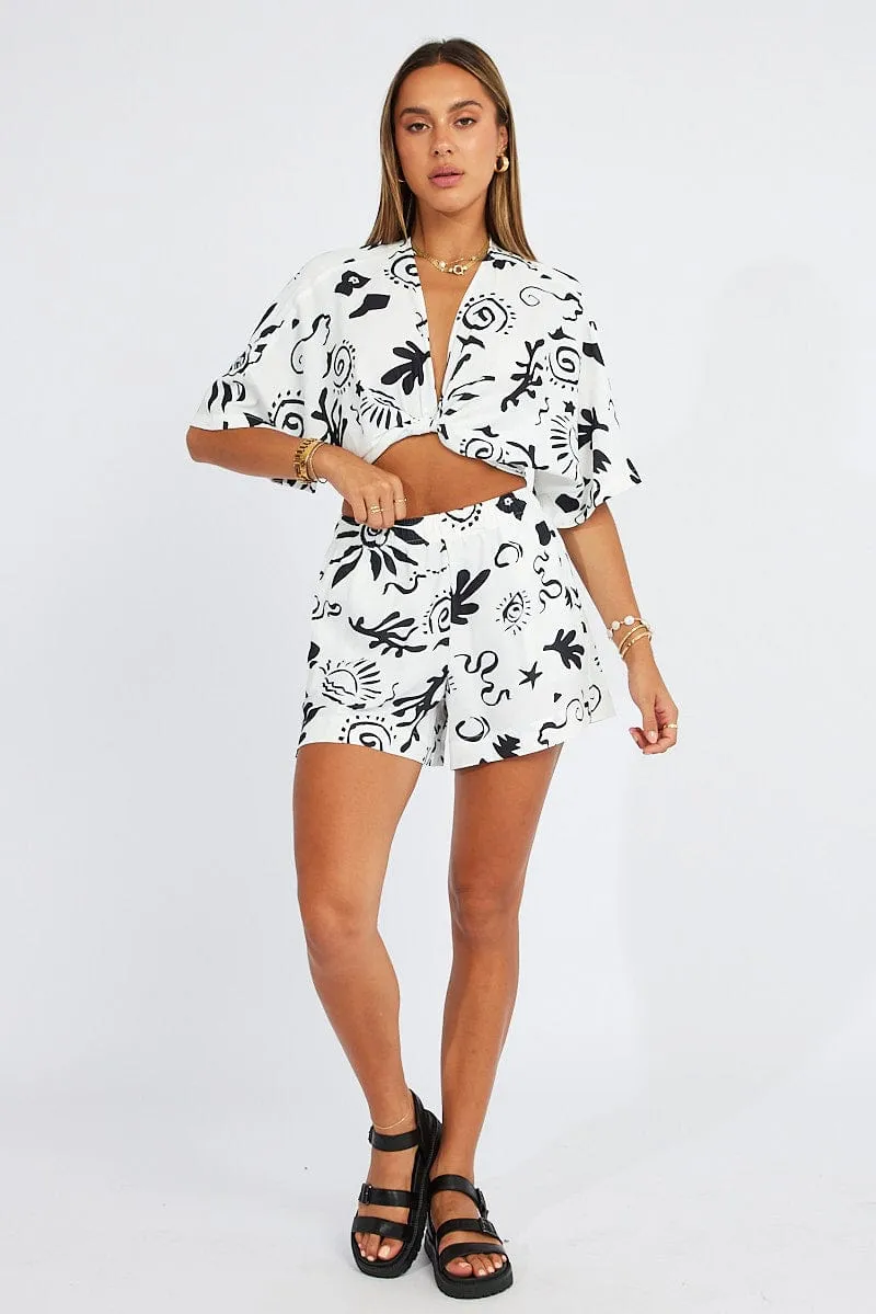 White Abstract Tie Up Bolero Short Sleeve