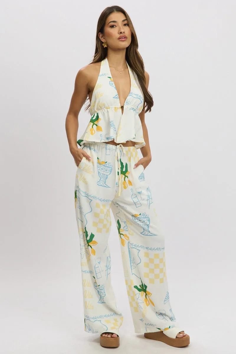 Yellow Abstract Halter Top Sleeveless