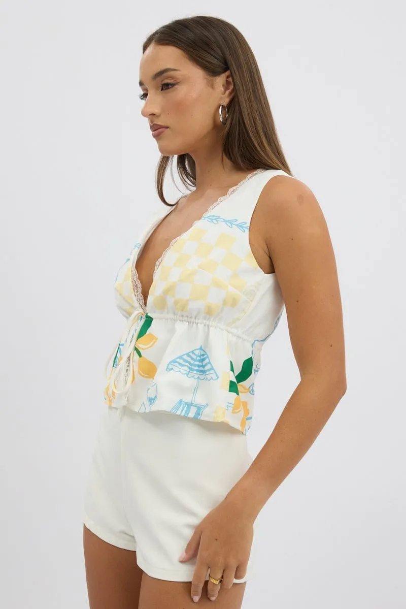 Yellow Abstract Tie Front Top
